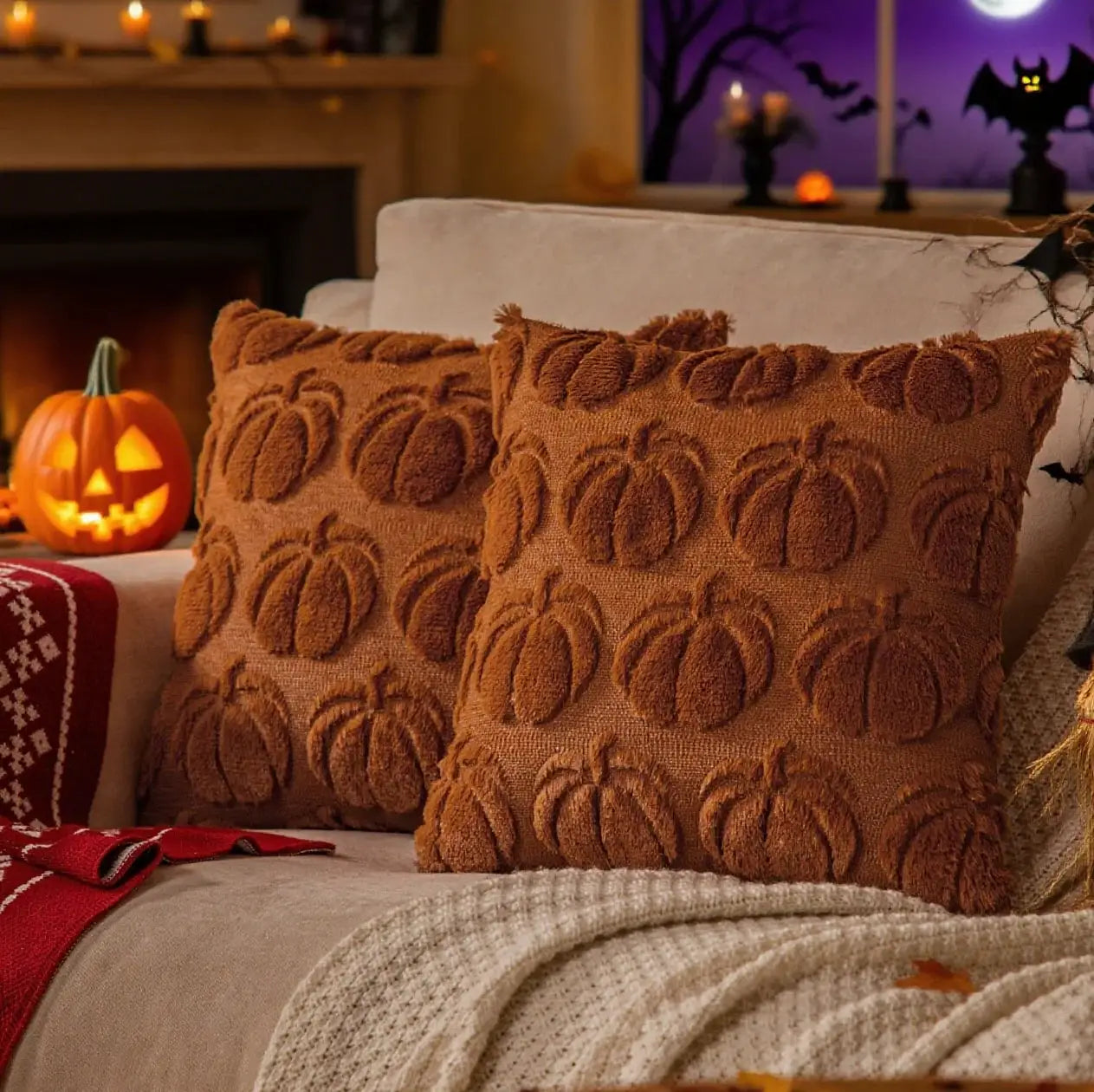 Two pumpkin-patterned textured throw pillow covers, 18x18, orange-brown decor