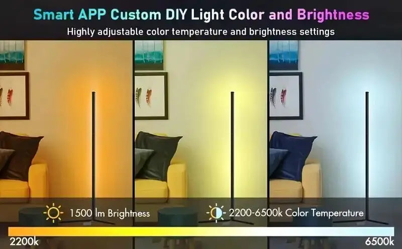 Corner floor lamp; smart RGB LED with remote and app control for living room, bedroom or playroom.