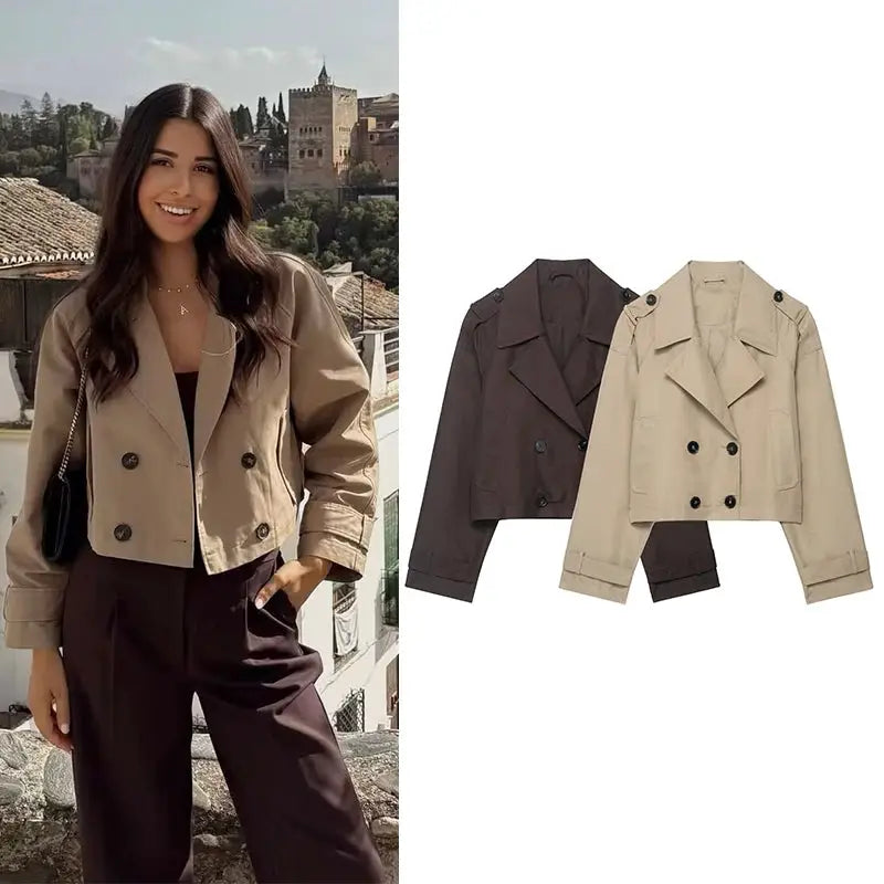 EleganceLane Double Breasted Short Trench Coat Vintage Style Turn Down Collar With Modern Comfort Womens Coat