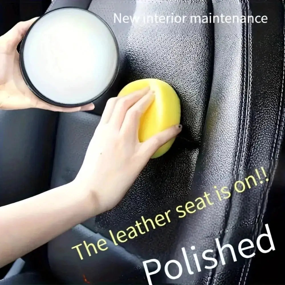 Simples Market multifunctional leather care oil cleaning cream applied to black car interior leather with yellow sponge