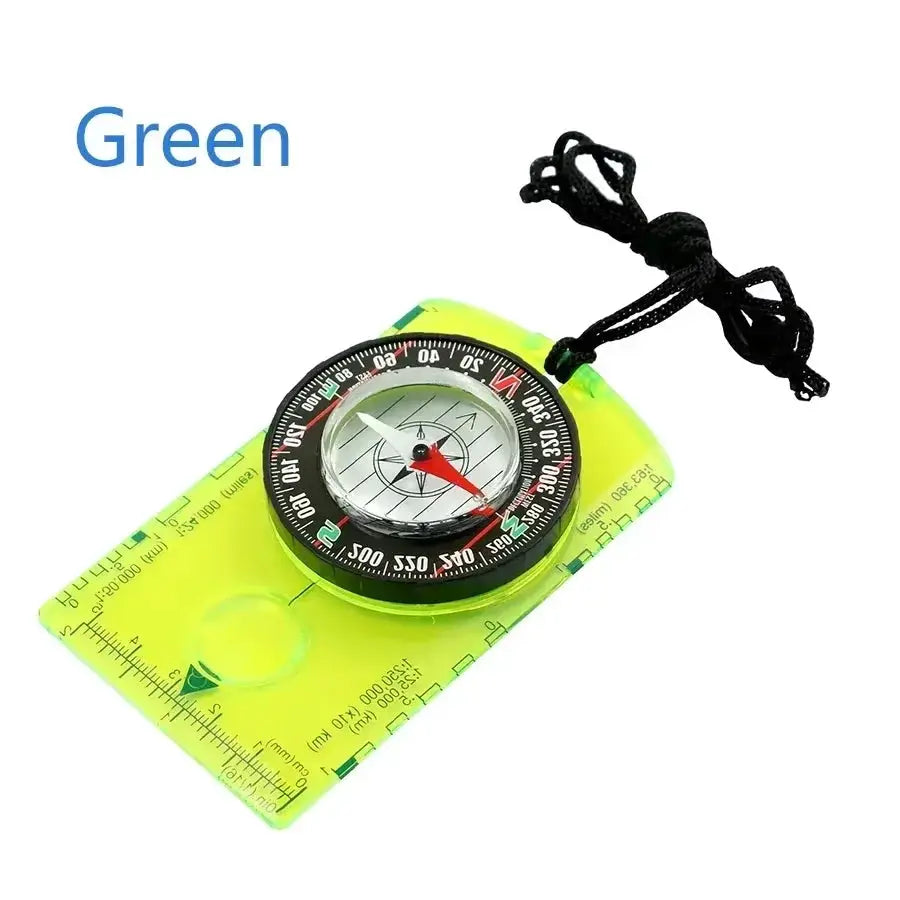 Waterproof compass with neon-green case and black lanyard for hiking and map reading
