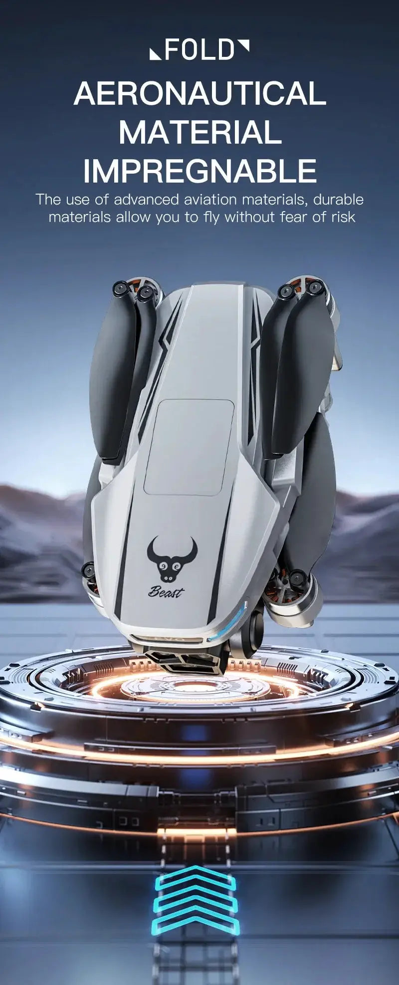 Beast folding brushless drone with white-gray body and black propellers.