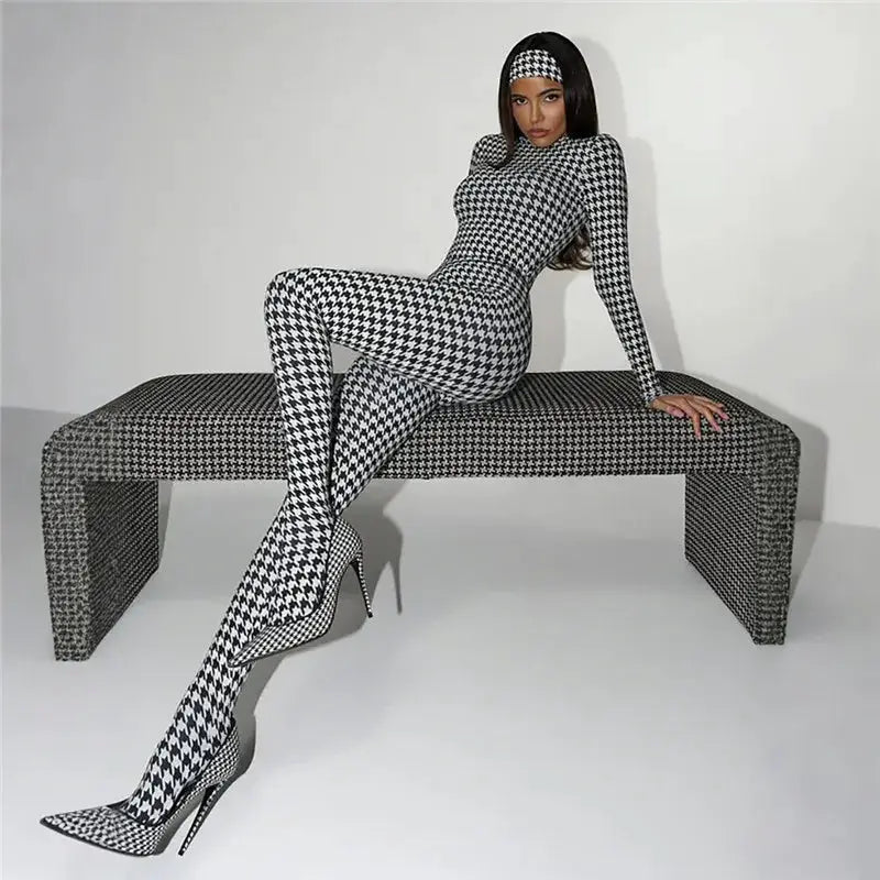 Shestyle plaid houndstooth bodycon jumpsuit for women with turtleneck and thigh-high boots.