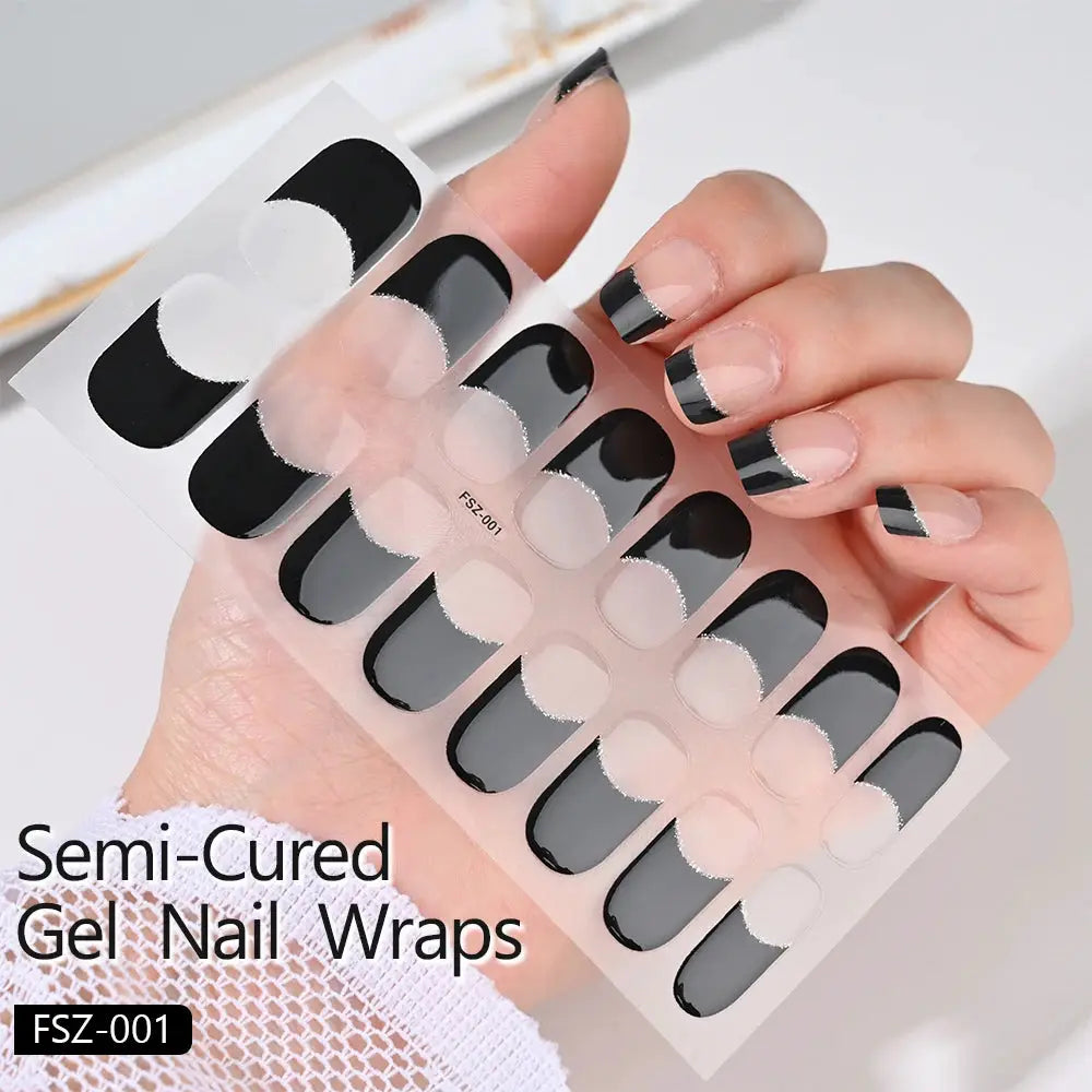 Semi-Cured Gel Nail Wraps FSZ-001; full-cover black and gray gel decals on sheet