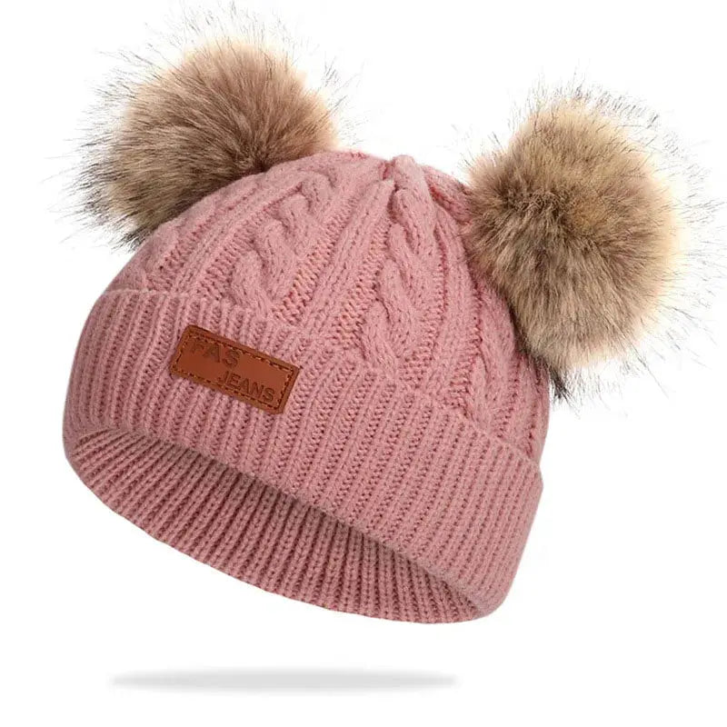 Cute Double Wool Pompom Baby Hat For Kids Warm Autumn Winter Knitted Beanie Cap For Boys And Girls