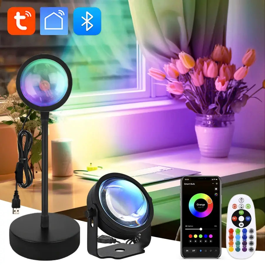 Smart Sunset Lamp pair by Simples Market; USB Tuya RGB projectors with stand, remote and app control for room lighting.