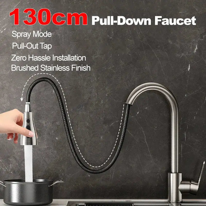 Stainless steel kitchen pull-out faucet by Simples Market with hot/cold control and retractable hose