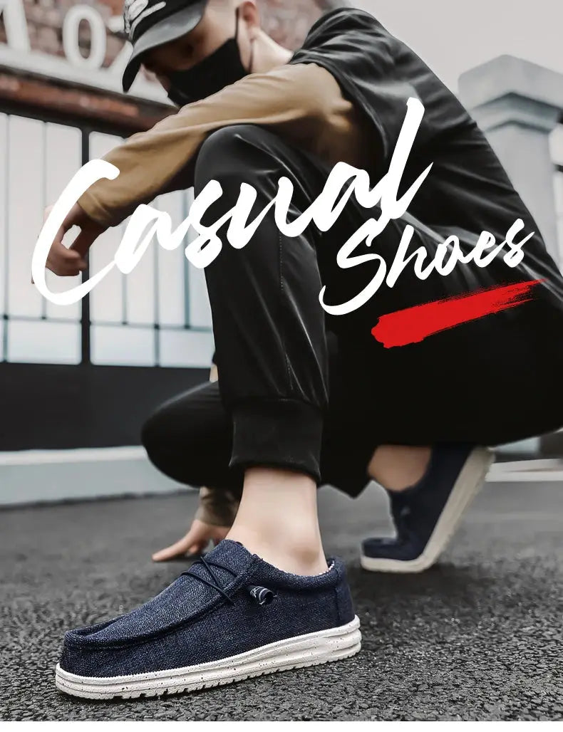 Men's navy canvas loafers with white vulcanized sole