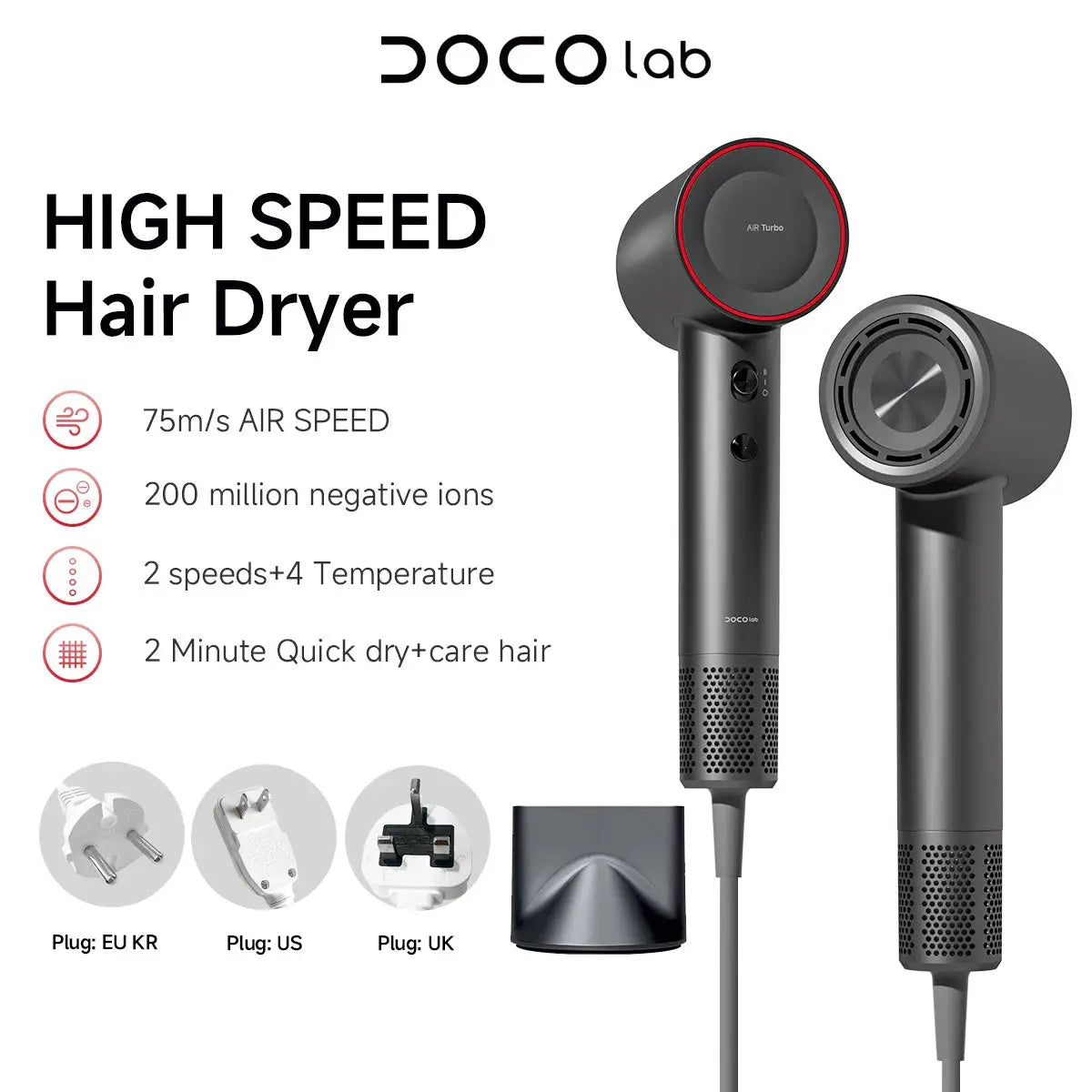 DOCO Lab hair dryer by Simples Market; high-speed, black with red ring, two units with EU/US/UK plugs.