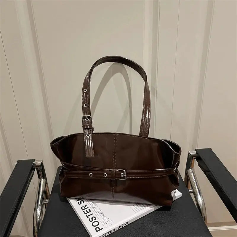 Handbag by Simples Market, brown leather belt-buckle design, Korean style solid color shoulder/underarm bag.