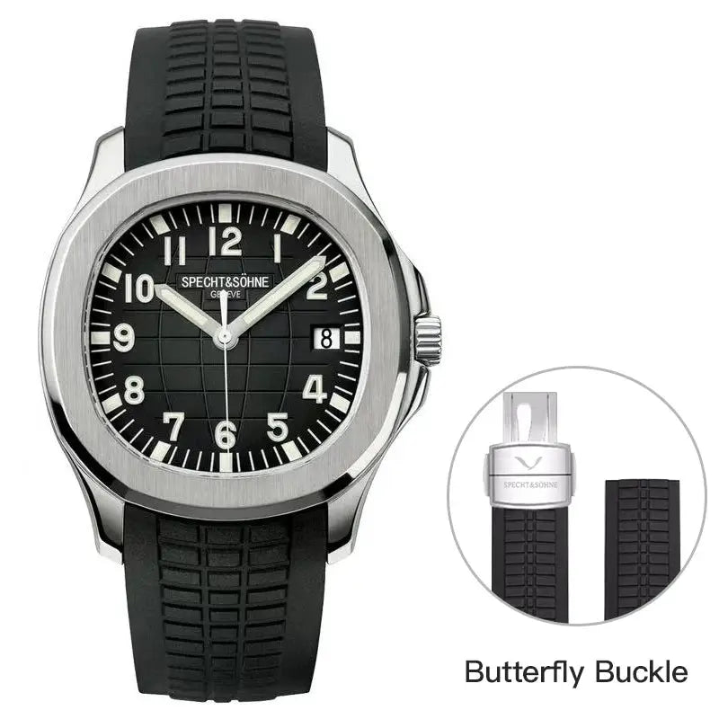 Specht&Söhne watch, black dial, stainless steel case, black rubber strap, luminous hands, date window, butterfly buckle.