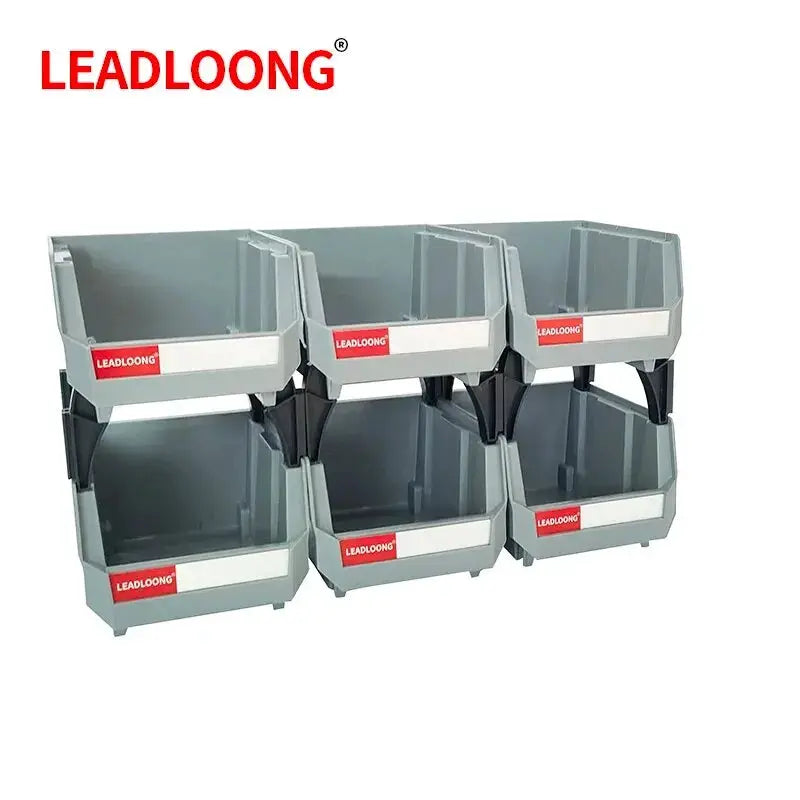 LEADLOONG gray stackable plastic parts bins set, 6 bins, 13.5x10.5x7.6 cm garage tool organizer