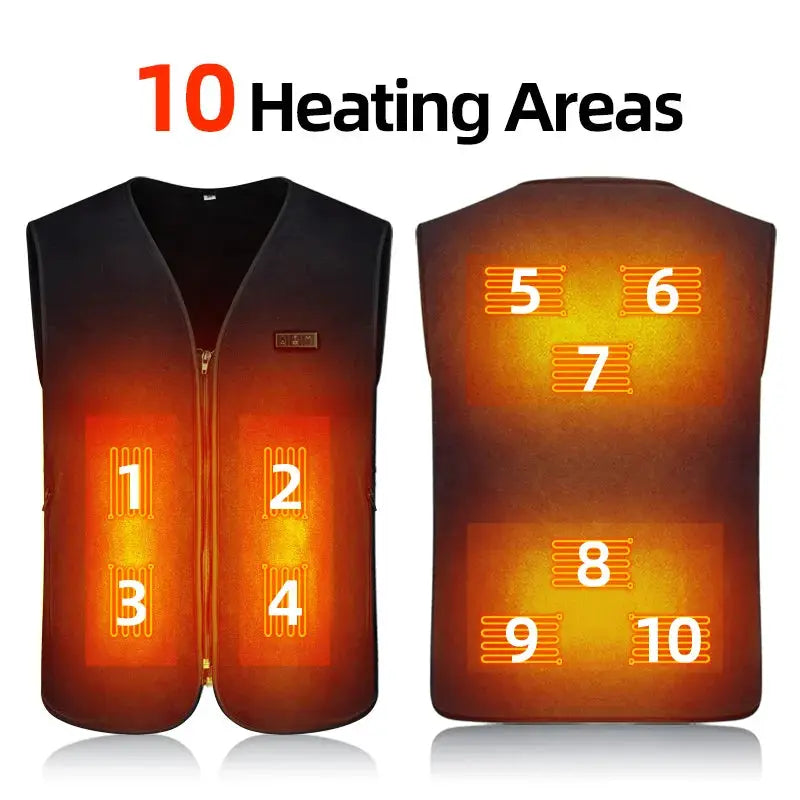 Simples Market black fleece heated vest front and back views with 10 numbered heating zones