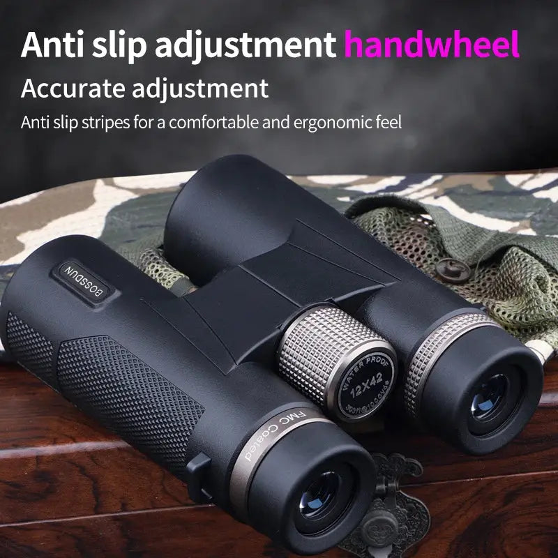 Binoculars 12x42 black metal body with textured grips and central focusing wheel