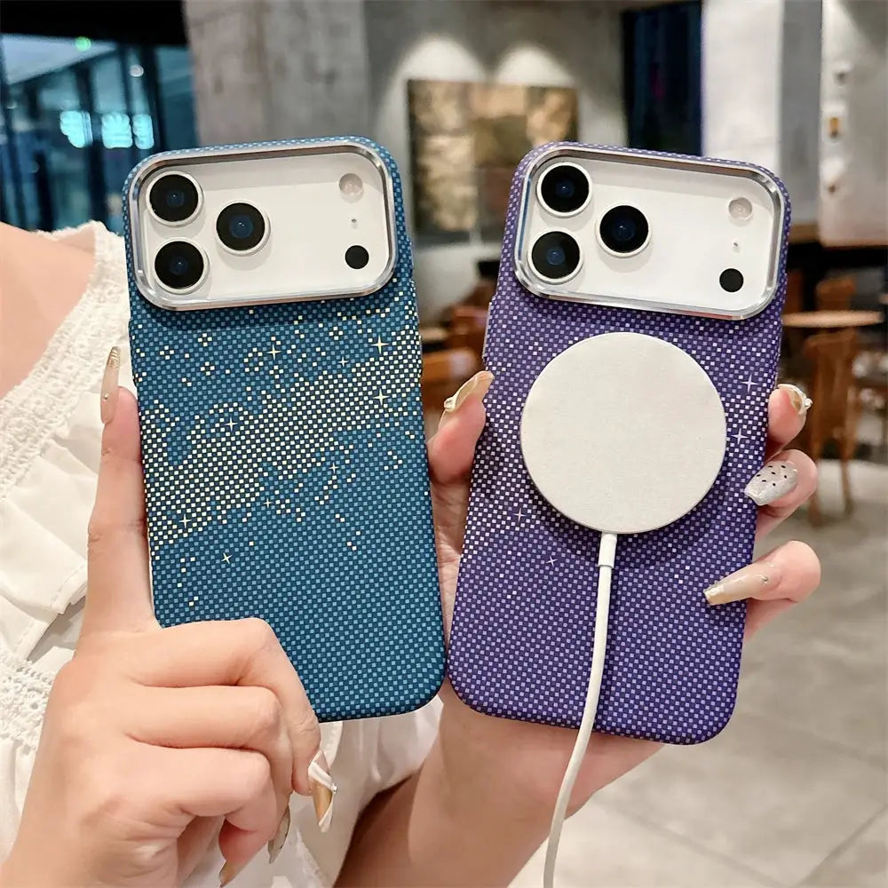 Kelvar carbon fiber phone case for iPhone 17 by Simples Market; blue and purple magnetic wireless charging covers (2).