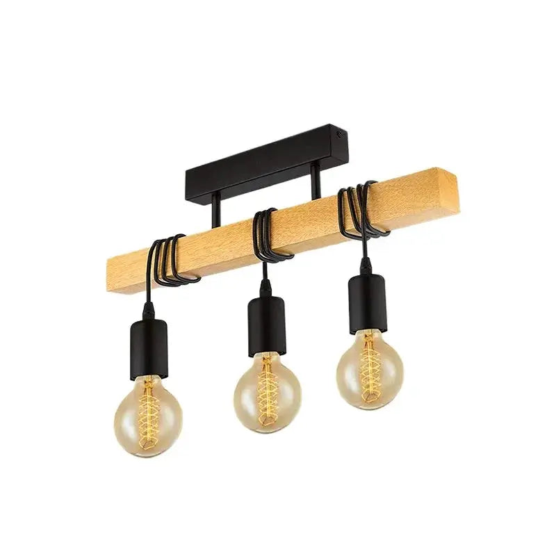 Retro chandelier ceiling light with wood beam and three Edison bulbs, black sockets