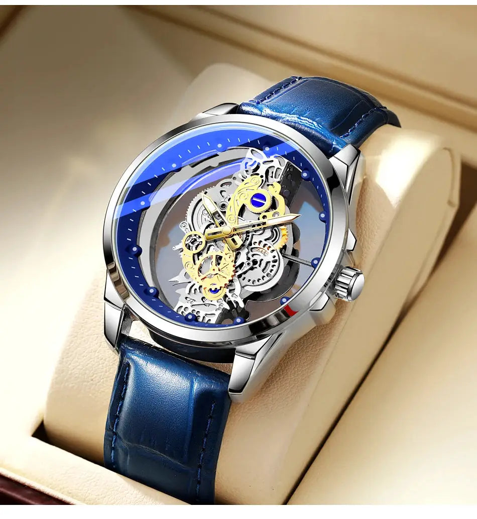 Men's skeleton automatic watch with blue leather strap and visible gold gears in a silver case