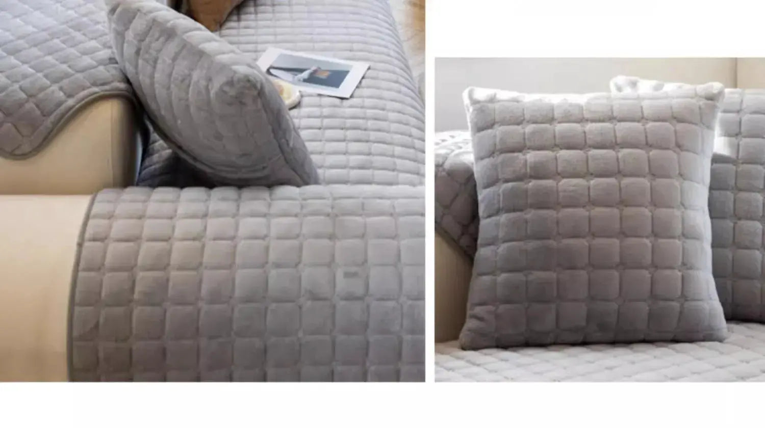 Gray plush quilted sofa cushion cover with non-slip backing for all-season use