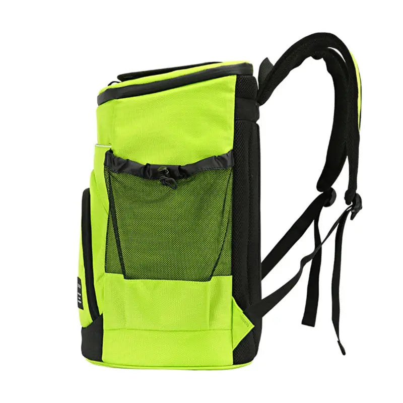 Soft insulated cooler backpack 30L in neon lime green with black trim and mesh front pocket