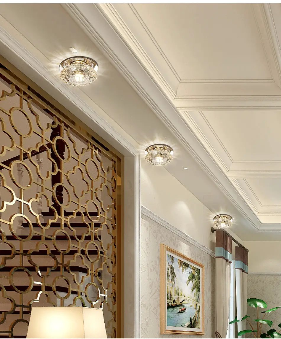 Aisle Flush LED ceiling lamp set of three with crystal accents, gold finish; Simples Market living room corridor lights