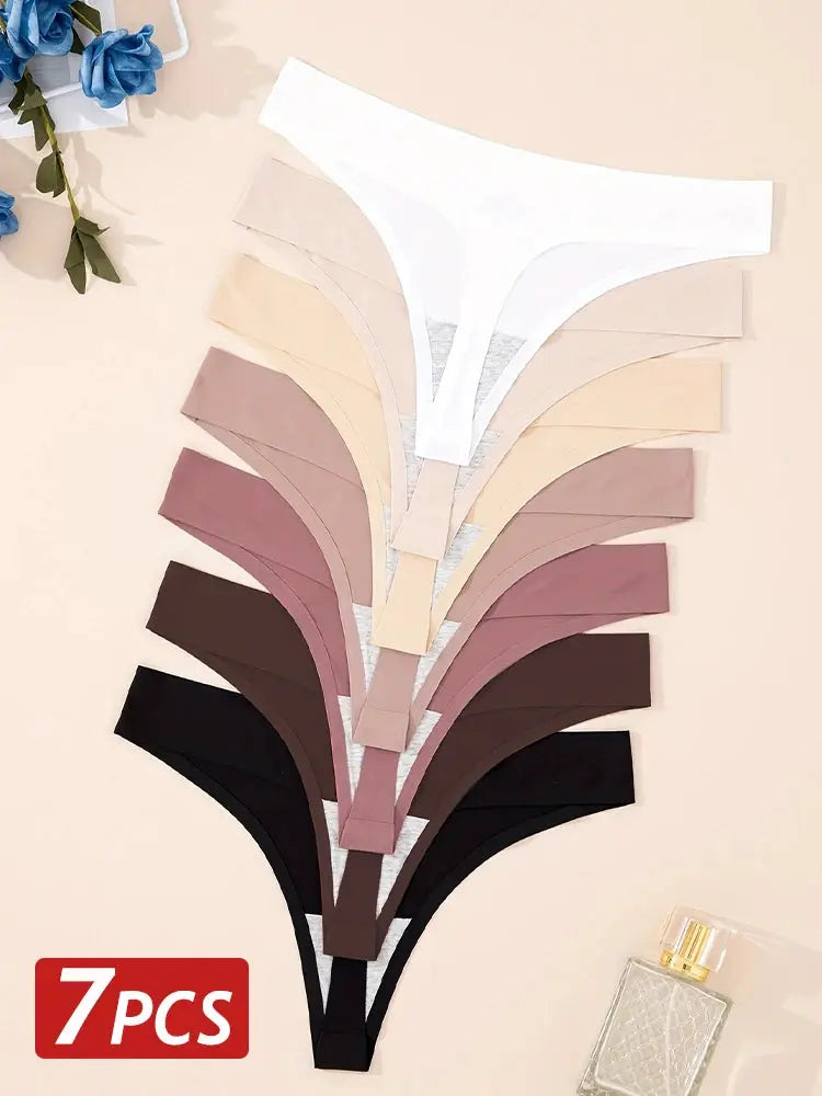 Simples Market 7-piece ice-silk seamless G-string panty set in assorted solid colors