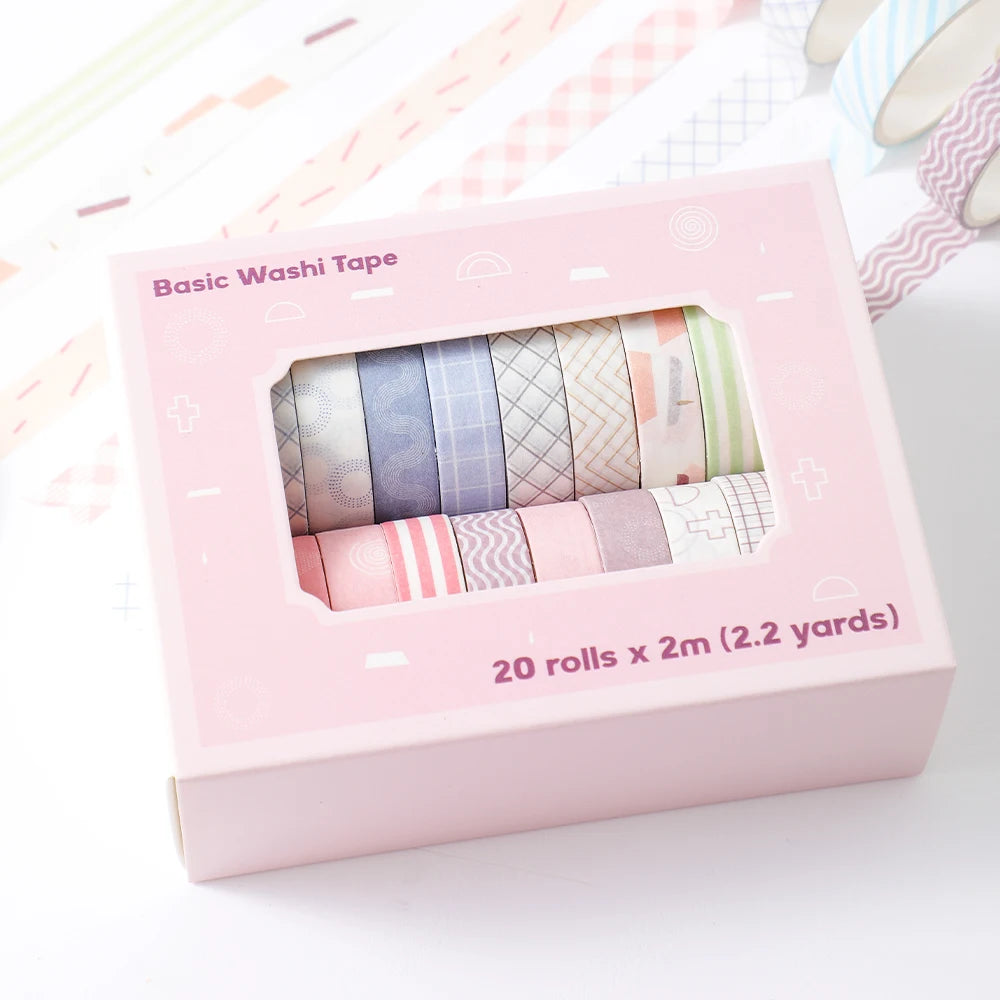 20 rolls Colorful Slim Washi Tape Set, 10mm wide, 2m long each for journaling and scrapbooking