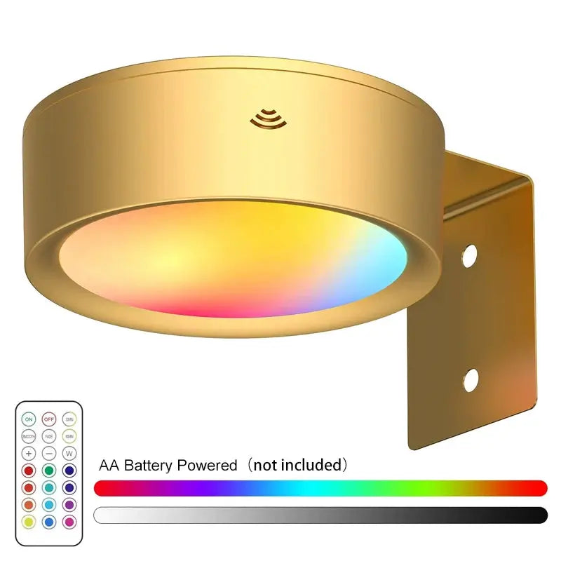 Simples Market LED Wall Picture Light in gold finish, 13-color RGB, AA battery powered dimmable spotlight with remote