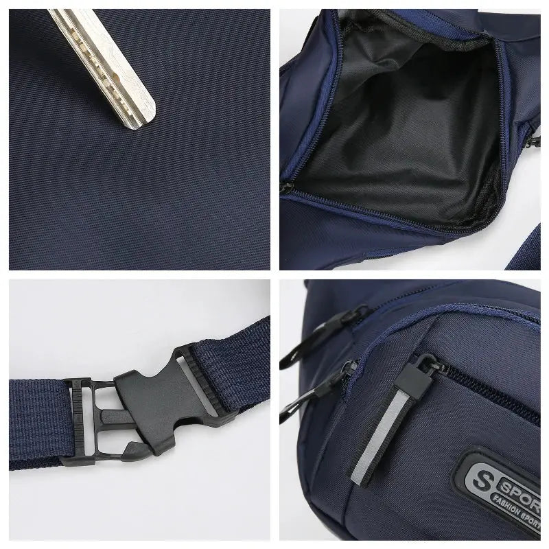 Men's navy Simples Market fitness waist pack; large-capacity ultrathin nylon bag with front zip pocket and adjustable strap.