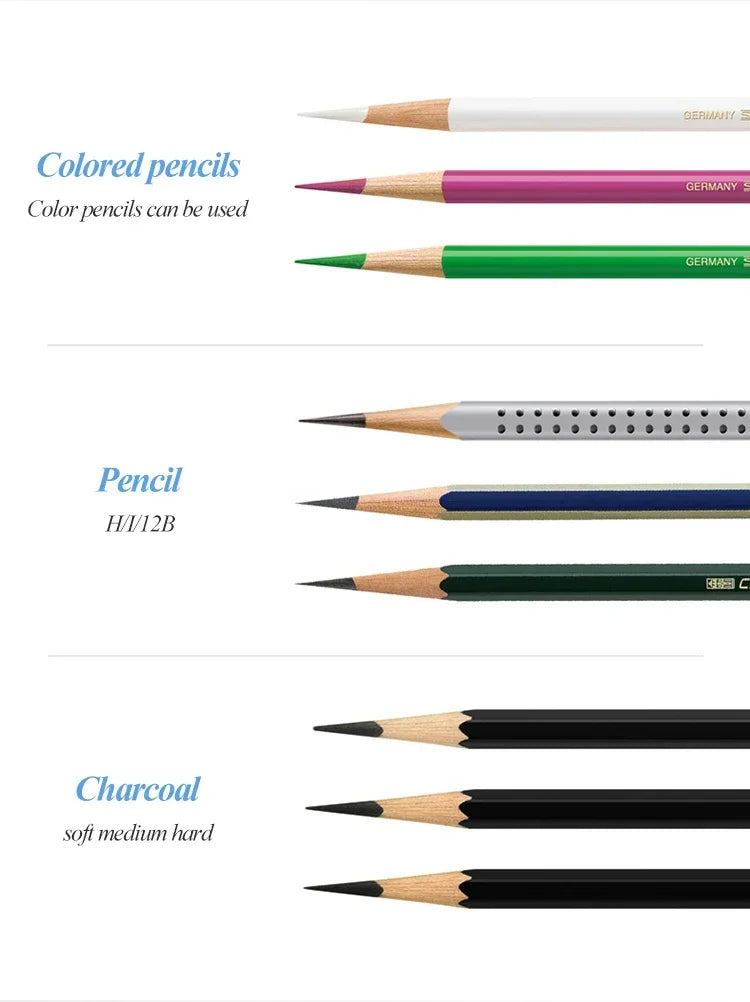 Pencils set display featuring colored pencils, graphite pencils, and charcoal pencils arranged in rows for sketching