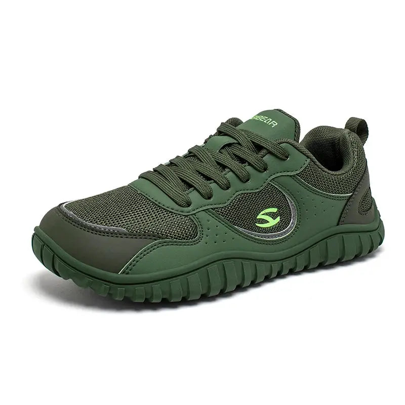 HOBIBEAR unisex wide-toe sneakers, green mesh upper with S logo, lace-up walking shoes
