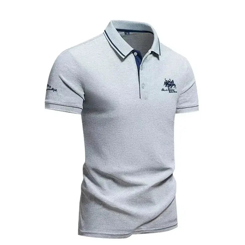 Men's light gray polo shirt, short sleeves, embroidered crest logo, striped collar