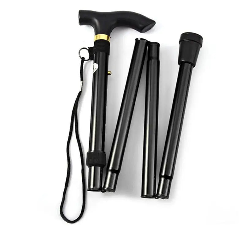 Telescopic folding walking stick set with black aluminum alloy trekking poles and wrist strap.