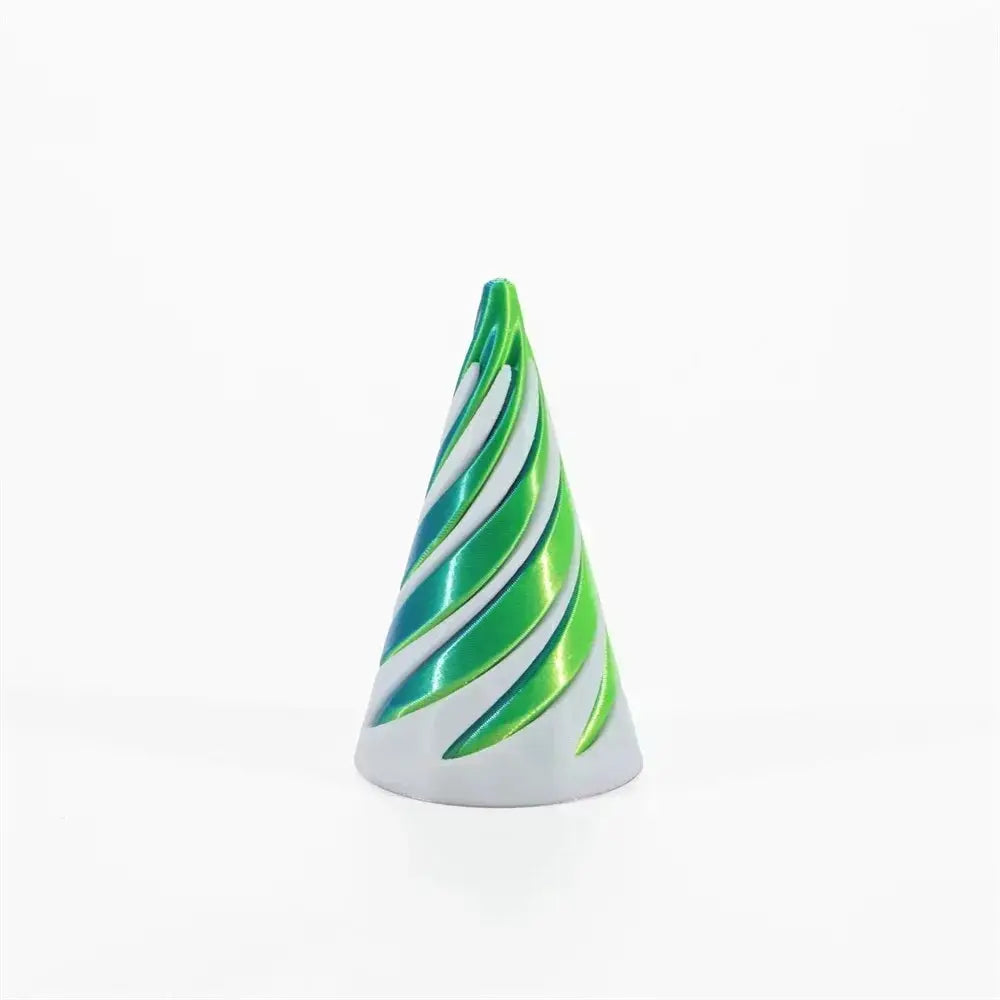 3D-printed helix screw cone ornament with green, blue and white spirals