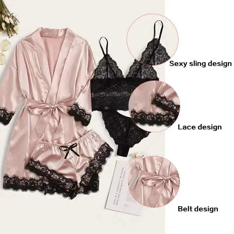 LuxeSilk 4 Piece Satin Sleepwear Set With Lace Robe For Women Breathable Silk Comfort And Elegant Nightwear