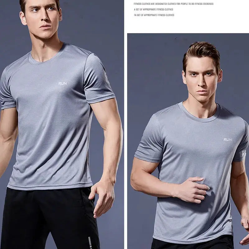 Men's gray quick-dry athletic T-shirt by Simples Market with RUN logo, shown on two models.