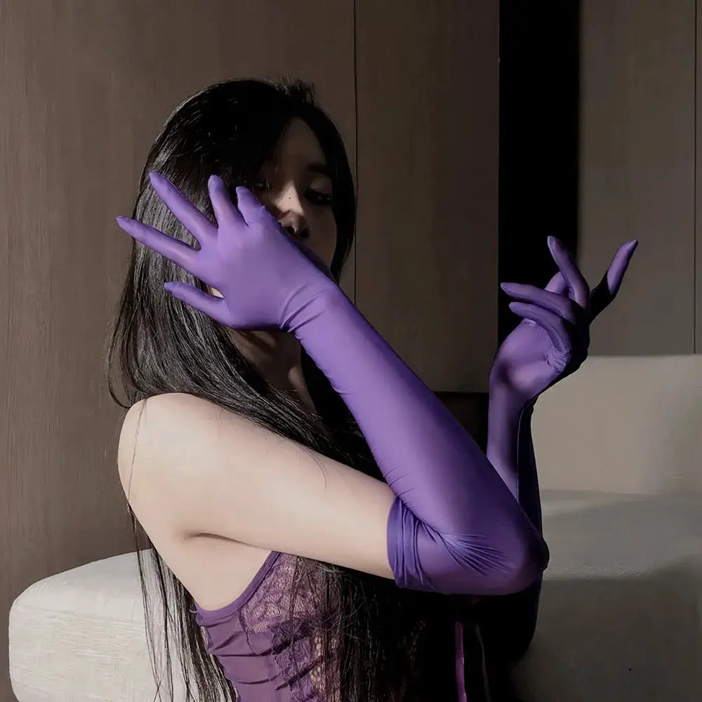 Oil Slick Shine Ultra Thin Women Elbow Length Transparent Glossy Gloves Elastic Fit Clubwear