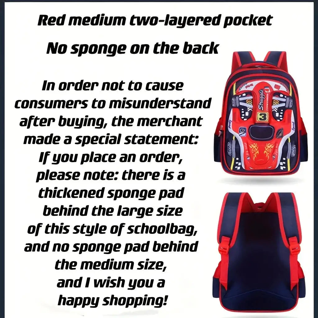 Backpack by Simples Market, waterproof lightweight 3D car design for kids in red and blue; front and back views.