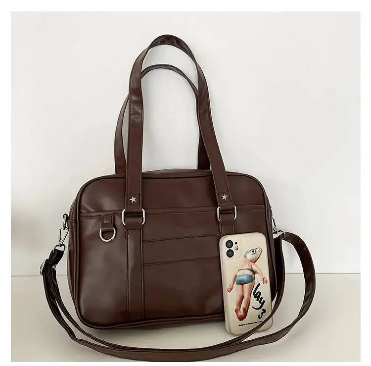 Japanese Style JK Bag brown PU leather shoulder bag with top handles