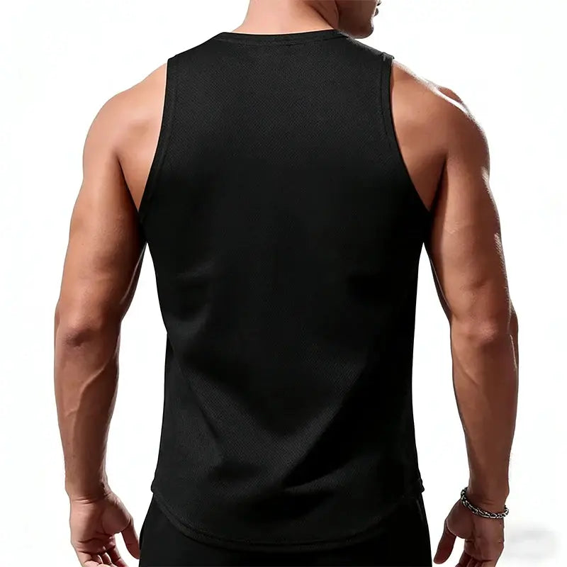 Men's black sleeveless sport tank top with mesh fabric for quick-dry gym training