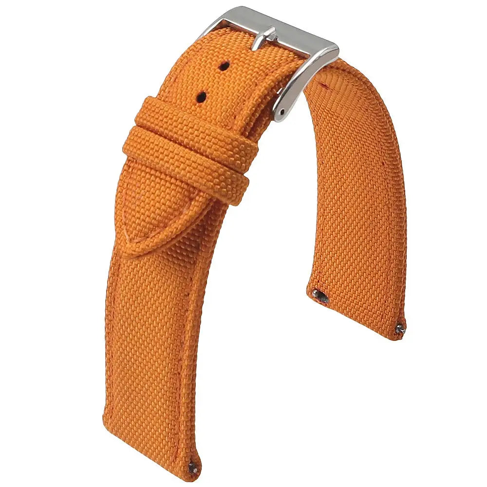 Orange sailcloth nylon watch strap, two-sided with quick-release, metal buckle