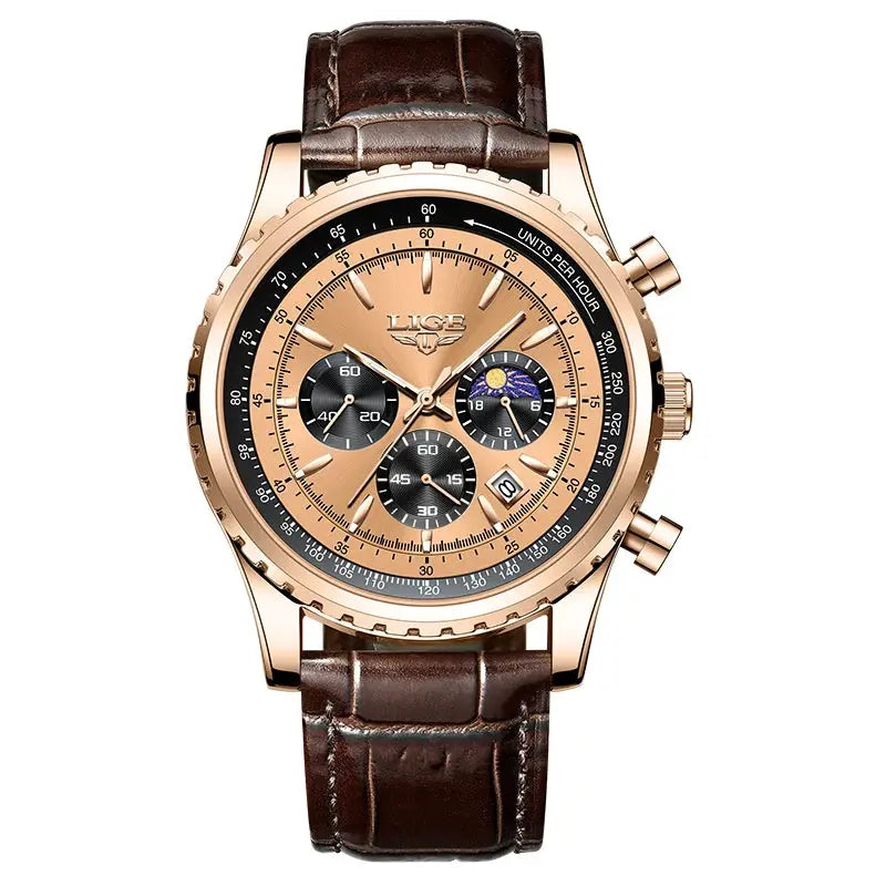 LIGE men's luxury chronograph watch with rose-gold case, brown leather strap, three subdials and date window