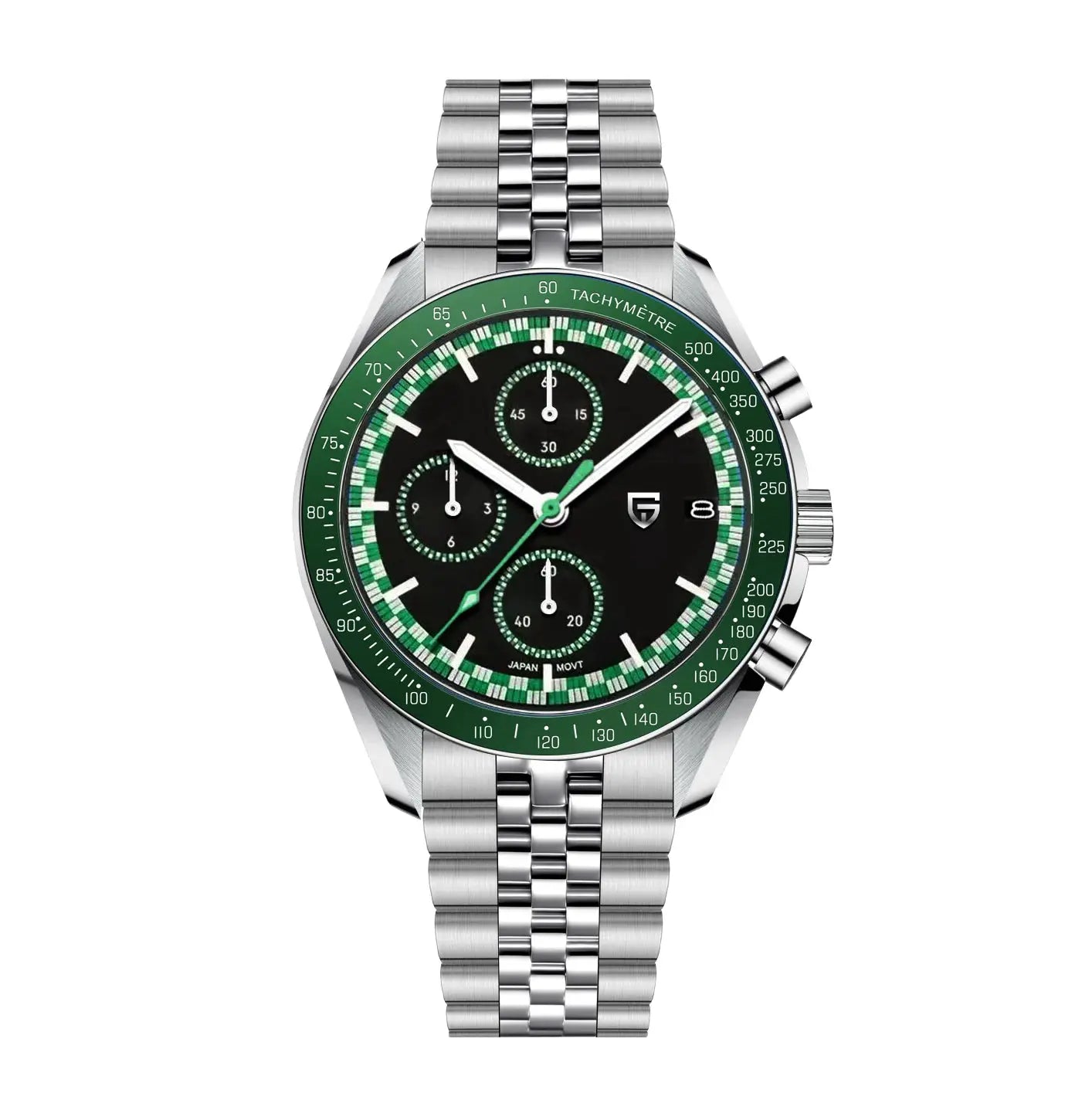 PAGANI DESIGN men's sport chronograph watch, stainless steel bracelet, green tachymeter bezel, black dial with logo
