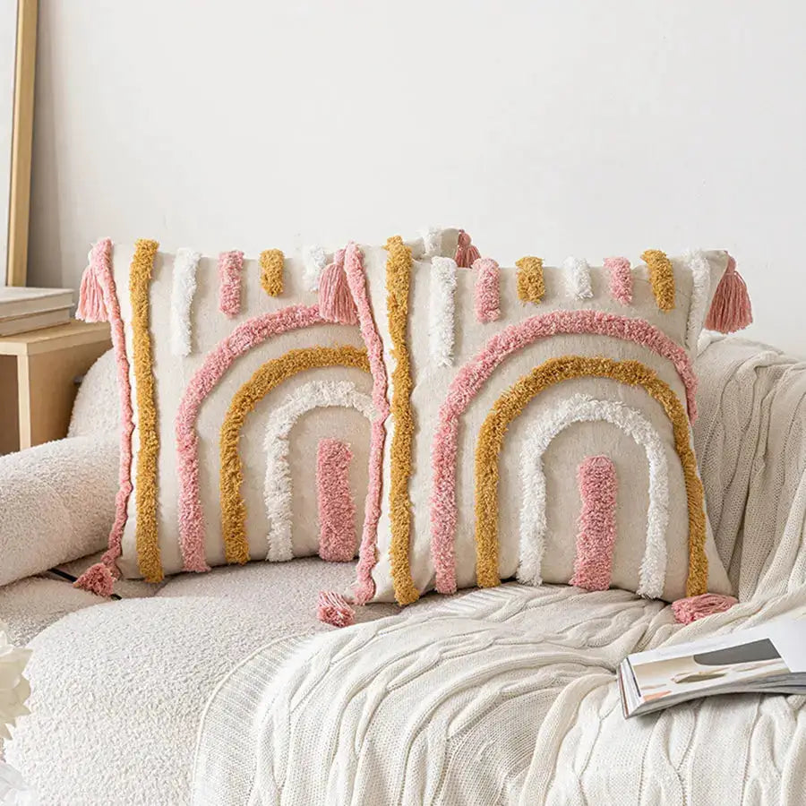Pink cotton tufted pillow covers with tassels and colorful arches, two boho cushions for sofa