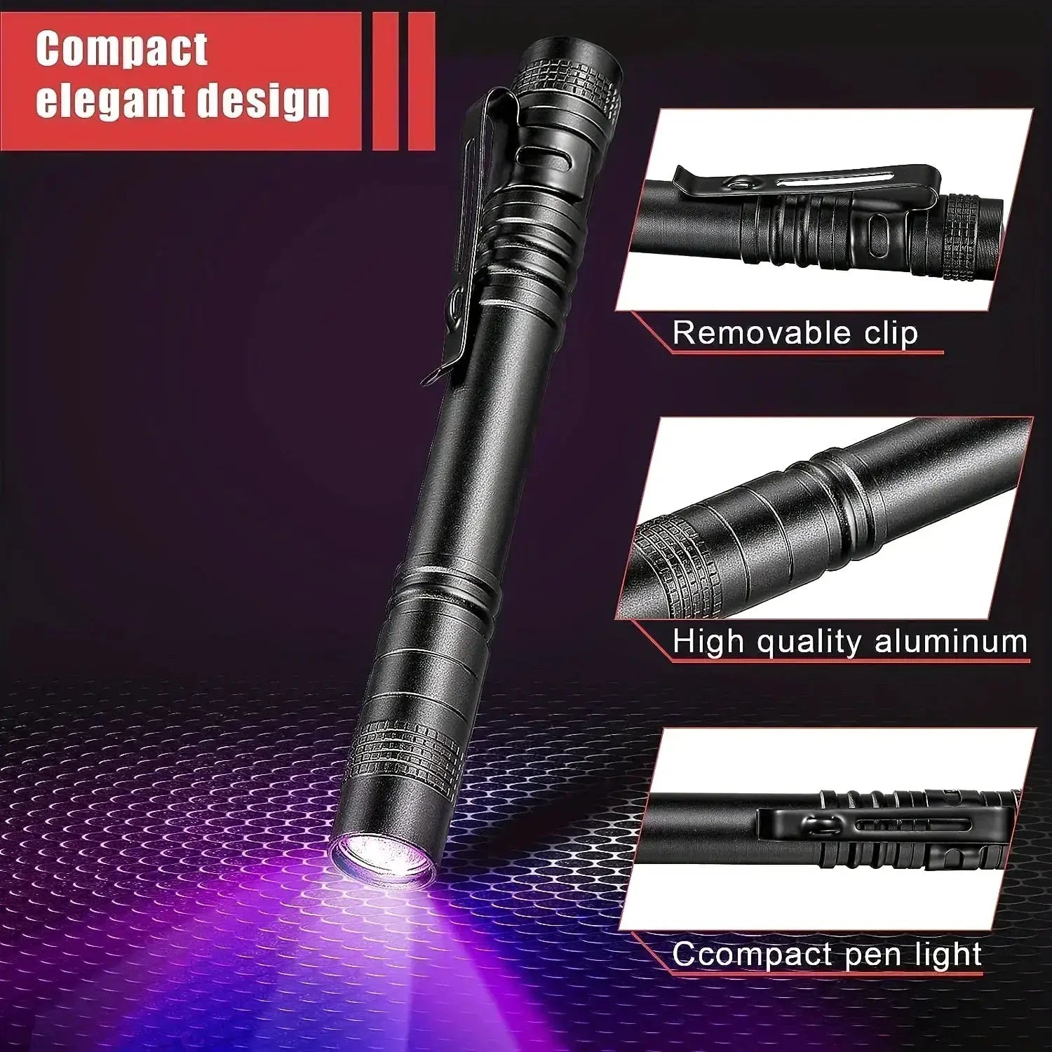 395nm UV pen flashlight with removable clip, compact black aluminum body, AAA powered