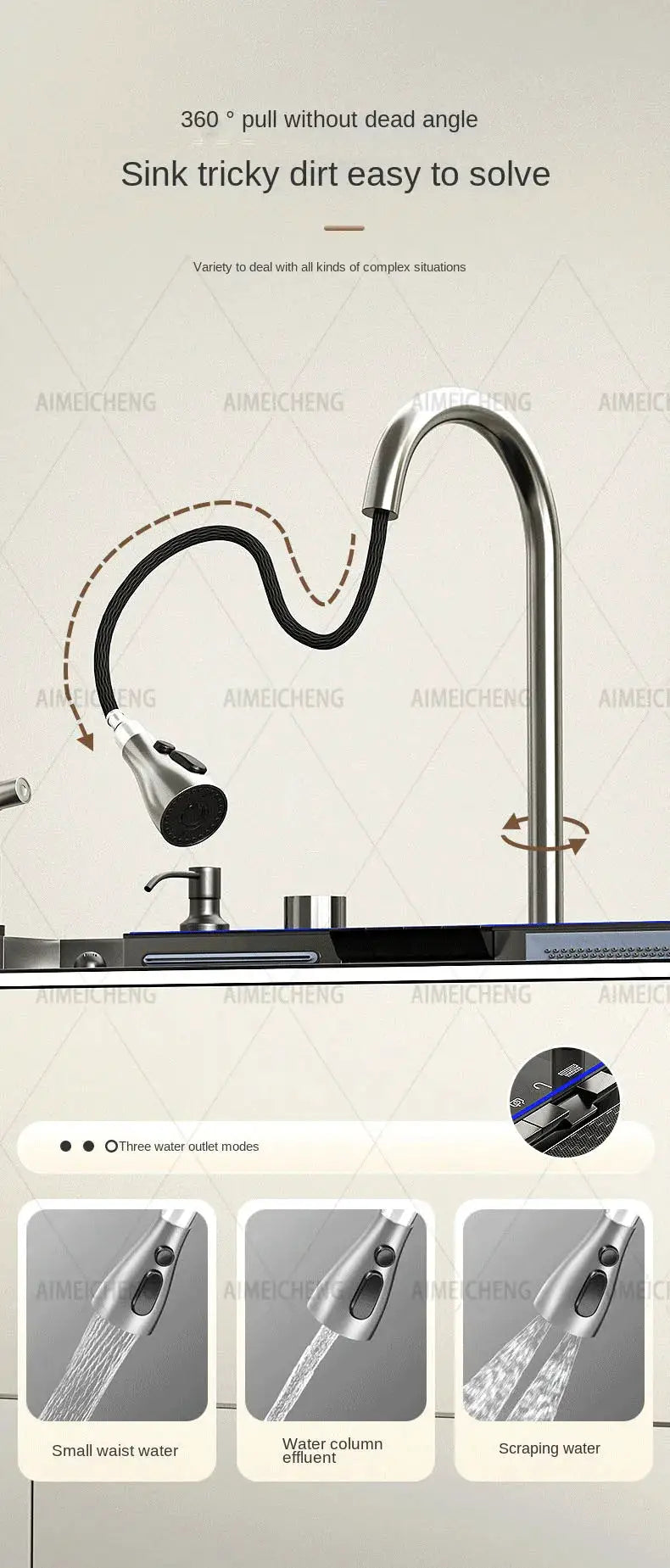 Kitchen faucet by Simples Market, 304 stainless steel waterfall design with pull-down hose and three spray modes.