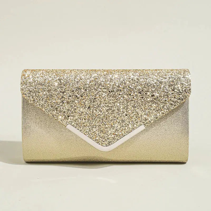 Gold sequin envelope clutch bag with glitter top flap and white V-trim for party occasions