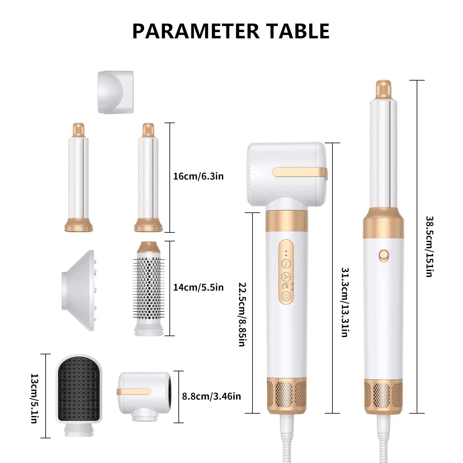 Simples Market 7-piece hair dryer brush set in white and rose gold with diffuser and attachments