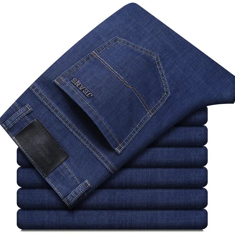 Men's denim jeans in dark blue cotton, elastic waist, straight fit, Simples Market.