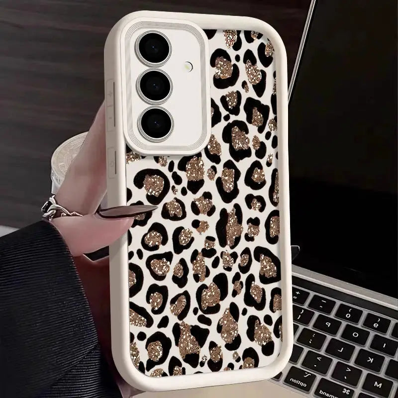 Brown leopard print TPU phone case for Samsung Galaxy phones with white bumper and glitter accents.