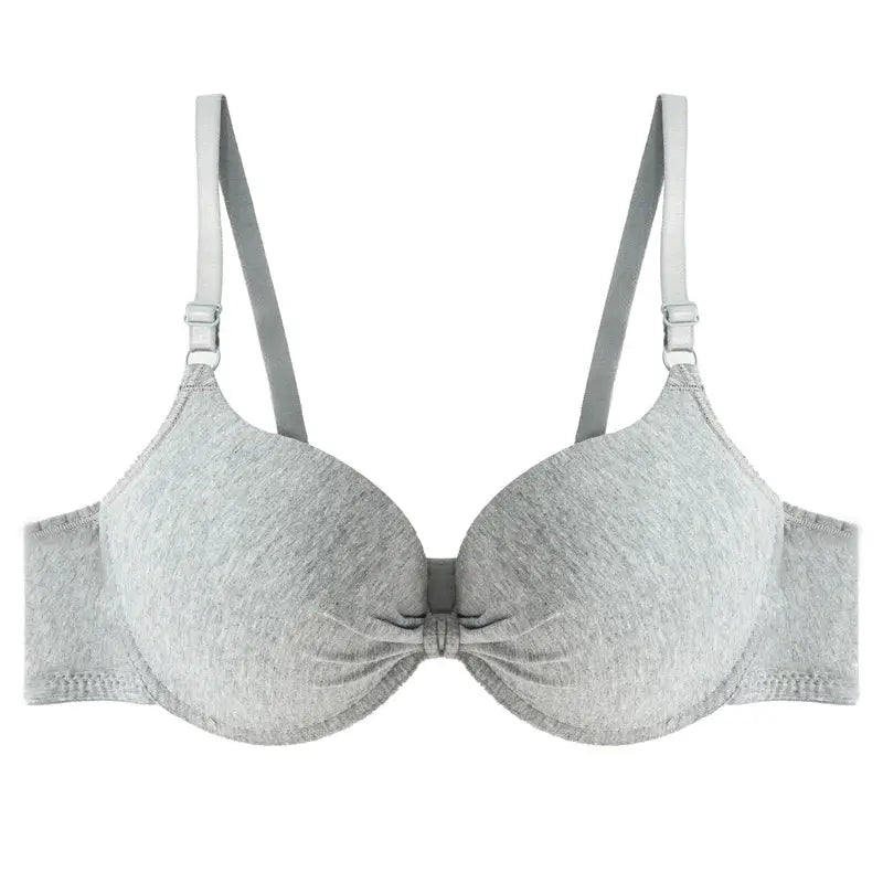 Women's grey cotton gathered underwire bra with adjustable straps and front center ruching